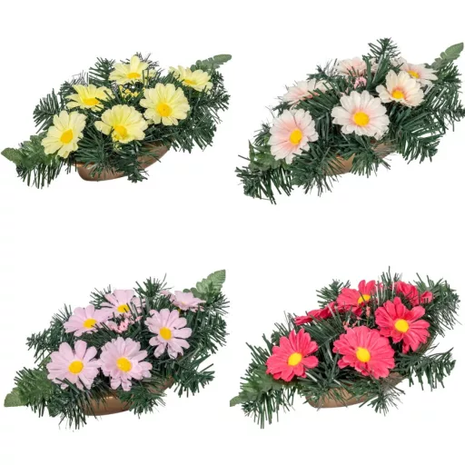 Sírdísz kis arany műanyag hajóban színes selyem margaréta díszítéssel M12x30cm  
