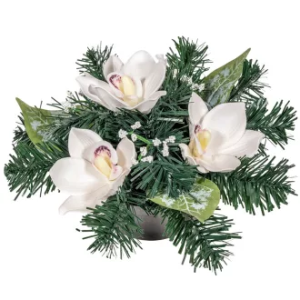   Sírdísz kerek szürke műanyag tálban 4 db polifoam orchidea díszítéssel M16x30cm    