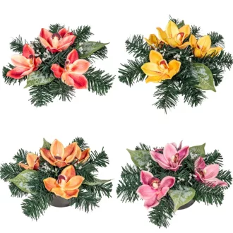   Sírdísz kerek szürke műanyag tálban 4 db polifoam orchidea díszítéssel M16x30cm    