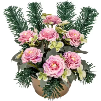   Sírdísz féloldalas kerek fekete műanyag tálban selyem krizantém díszítéssel M25x25cm  