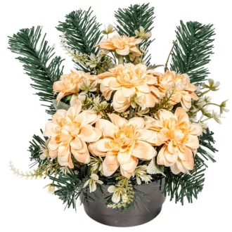   Sírdísz féloldalas kerek fekete arany tálban selyem krizantém díszítéssel M25x25cm  