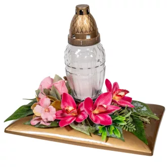   Sírdísz téglalap arany műanyag tálban nagy üvegmécsessel és orchidea selyemvirággal M27x28cm   