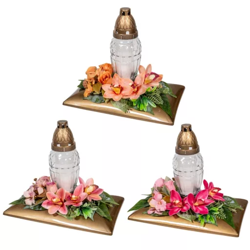 Sírdísz téglalap arany műanyag tálban nagy üvegmécsessel és orchidea selyemvirággal M27x28cm   