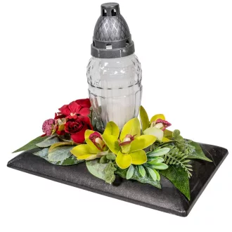  Sírdísz téglalap fekete műanyag tálban nagy üvegmécsessel és orchidea selyemvirággal M27x28cm 