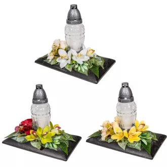   Sírdísz téglalap fekete műanyag tálban nagy üvegmécsessel és orchidea selyemvirággal M27x28cm 