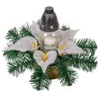 Sírdísz közepes tálban üvegmécsessel, selyemvirággal M22x32cm