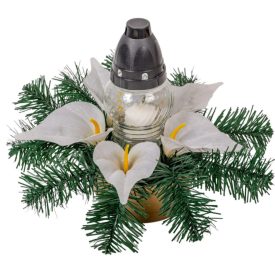   Sírdísz közepes tálban üvegmécsessel, selyemvirággal M22x32cm