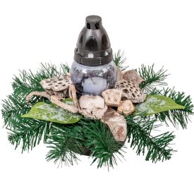   Sírdísz közepes tálban üvegmécsessel, szürke szárazvirággal M22x32cm