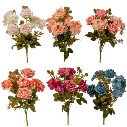 Rózsa, hortenzia csokor 7v. M41cm 24db/#