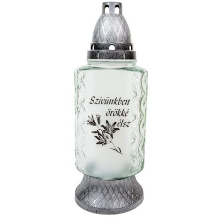 Szívünkben örökké élsz feliratos matt felületes nagy üvegmécses ezüst 95gr 29cm 8db/#