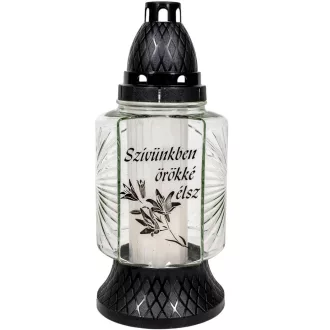   Szívünkben örökké élsz feliratos üvegmécses fekete 70gr 25cm 8db/#