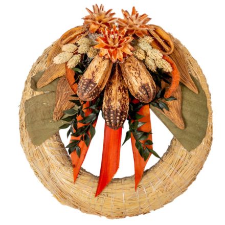 Szalma koszorú trópusi szárazvirág díszítéssel 30cm